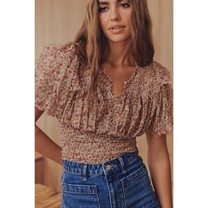 Free People Beatrice Floral Print Brown Lace Up Puff Sleeve Blouse Top Size S